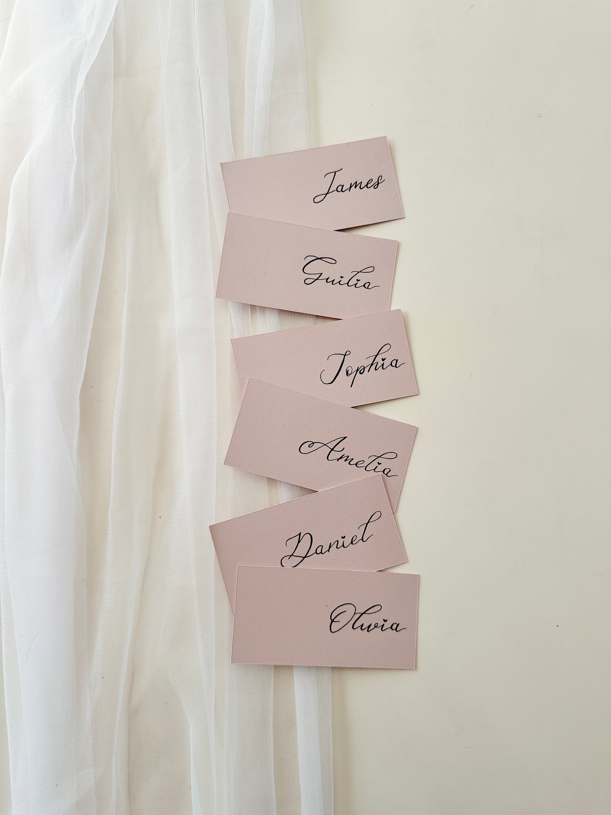 Pink name cards with black text on a white curtain background