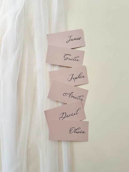 Pink name cards with black text on a white curtain background