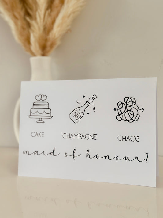 "Cake Champagne Chaos" Card – Handwritten Bridal Party Card