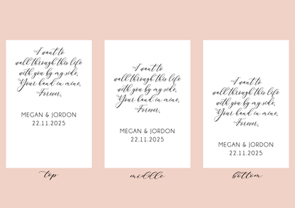 Three identical cards with personalised text on a pink background for you to choose the positioning of your wording- top, middle and bottom options. 