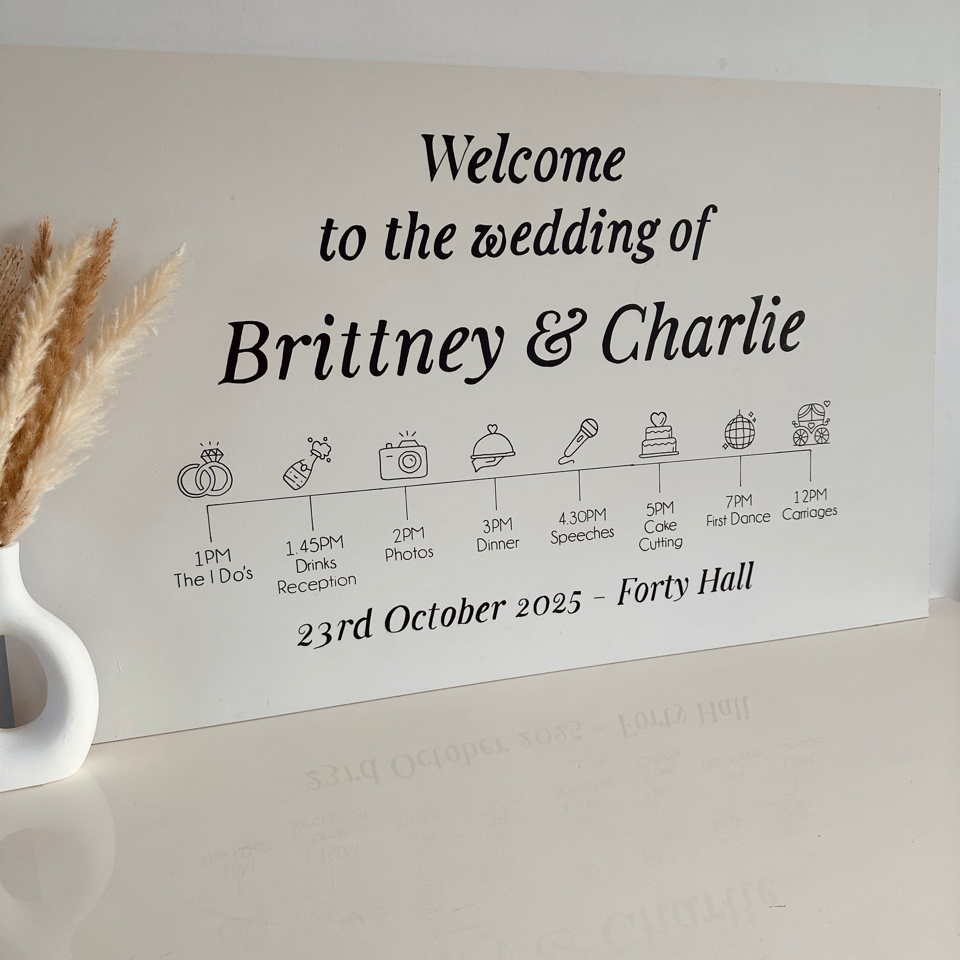 Wedding welcome sign with timeline and icons on a white surface.