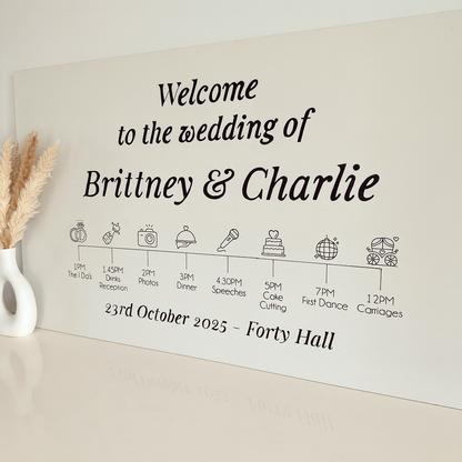 Wedding reception order of events sign with timeline and icons on a beige background