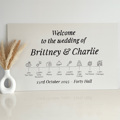 Wedding reception order of events sign with decorative vase and wheat on a light background